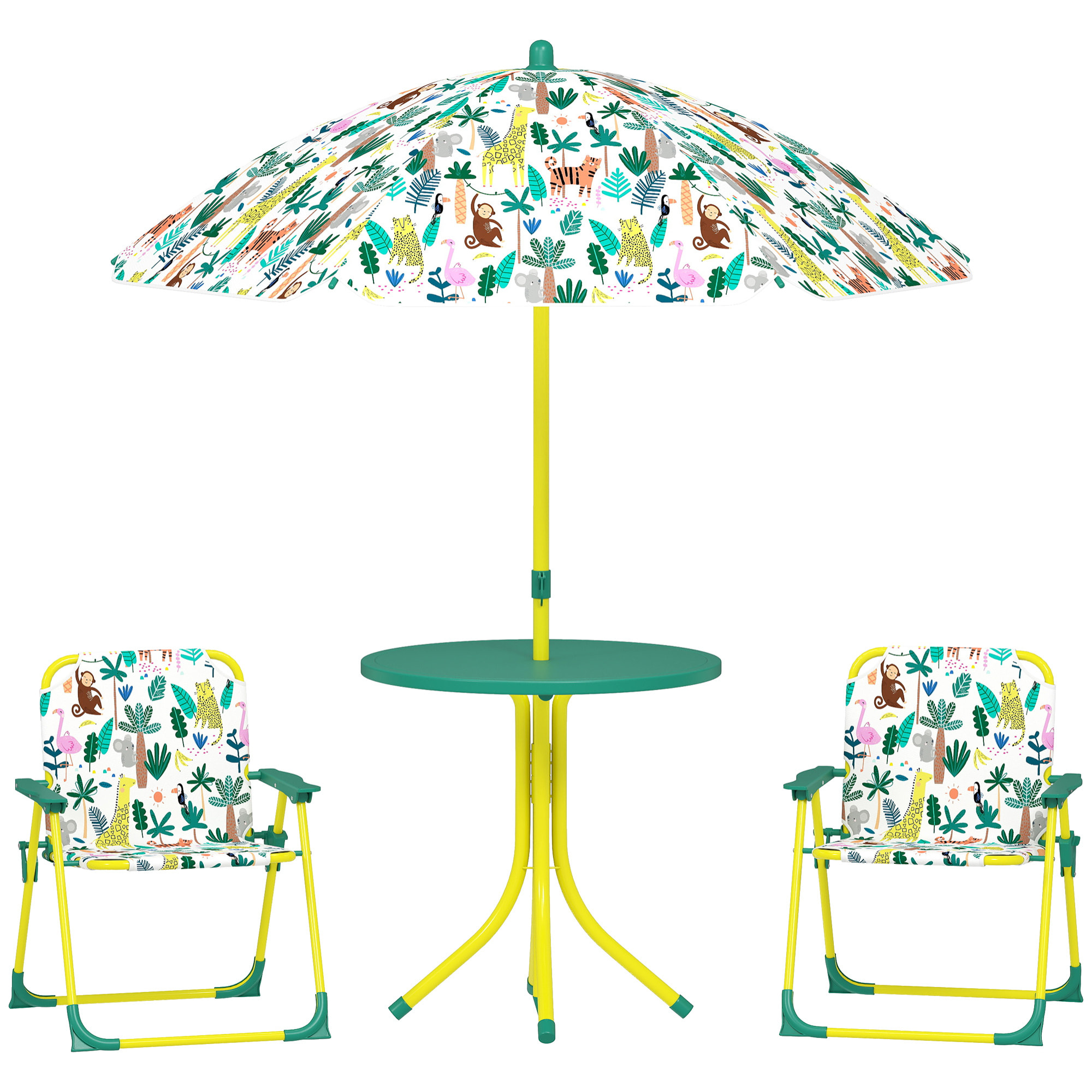 Conjunto de Mesa y Sillas Infantil de Jardín de 4 Piezas, Mesa Infantil con Sillas Plegables, Sombrilla Desmontable, Diseño de Jungla, para Patio, Pícnic, Verde