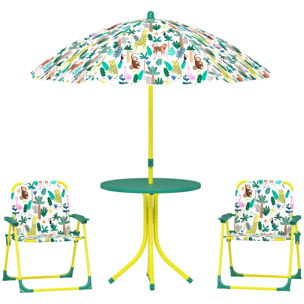 Conjunto de Mesa y Sillas Infantil de Jardín de 4 Piezas, Mesa Infantil con Sillas Plegables, Sombrilla Desmontable, Diseño de Jungla, para Patio, Pícnic, Verde