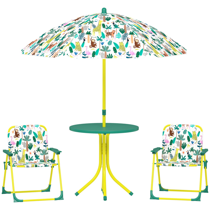 Conjunto de Mesa y Sillas Infantil de Jardín de 4 Piezas, Mesa Infantil con Sillas Plegables, Sombrilla Desmontable, Diseño de Jungla, para Patio, Pícnic, Verde