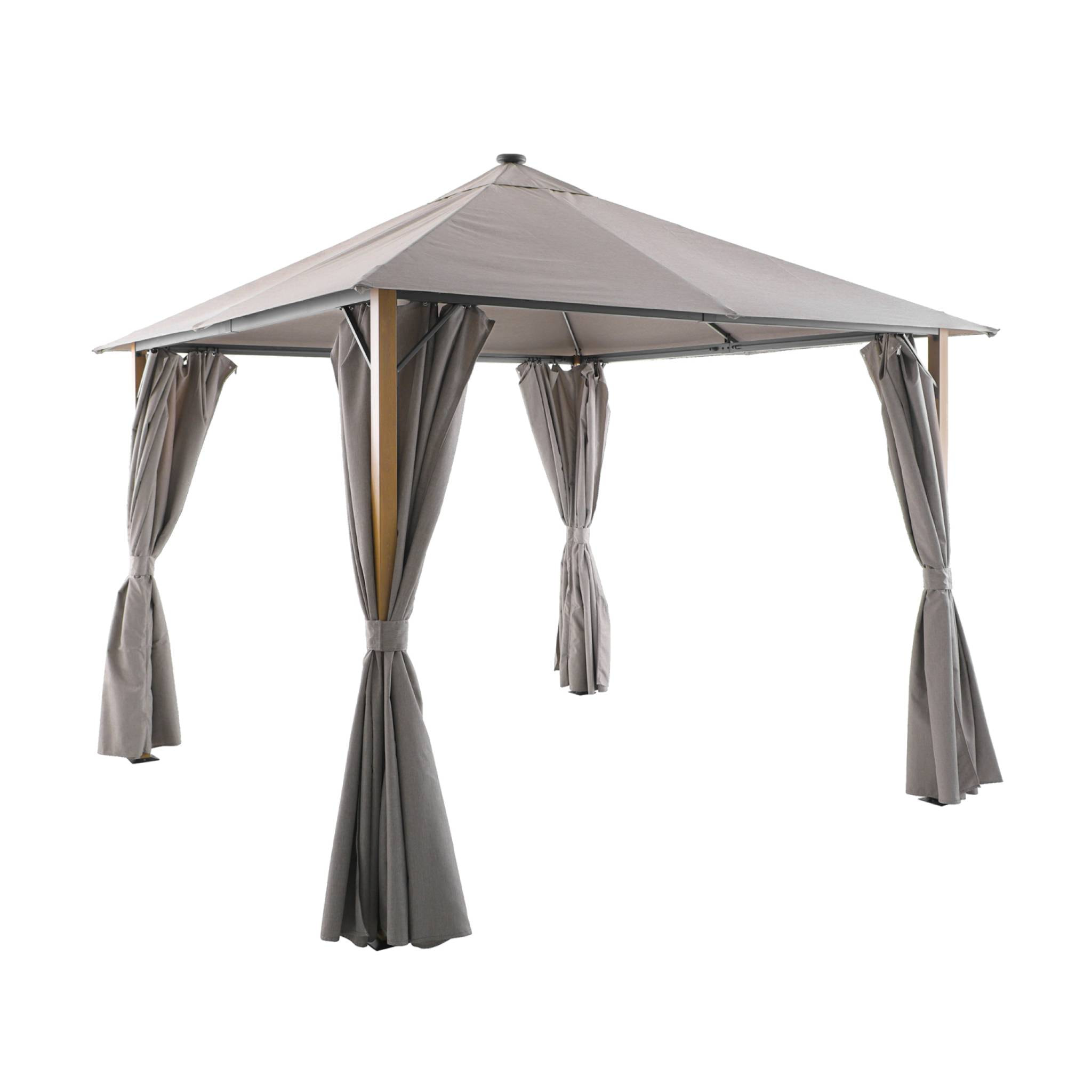 Tonnelle 3x3m aluminium effet bois avec rideaux et led  VELUNA