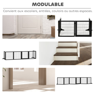 Barrière de sécurité parc enclos chien modulable pliable porte verrouillable intégrée 5 panneaux grillage acier noir bois de pin noir