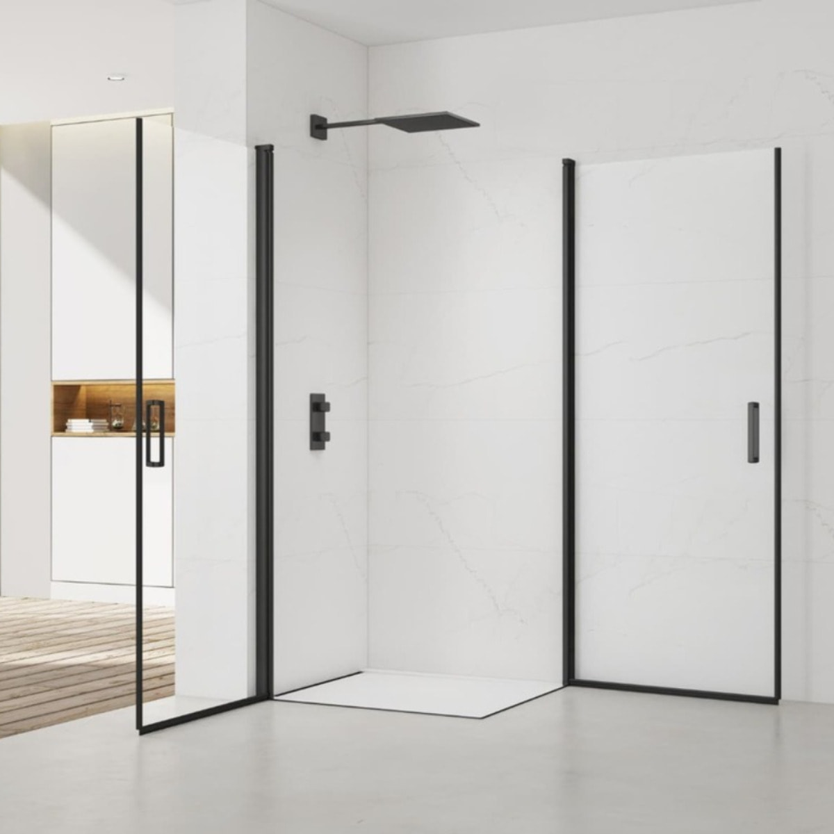 Fusion Portes de douche acces en angle pivotantes 80x80cm anticalcaire avec profilés noir mat (SATFUD8080C-SET)