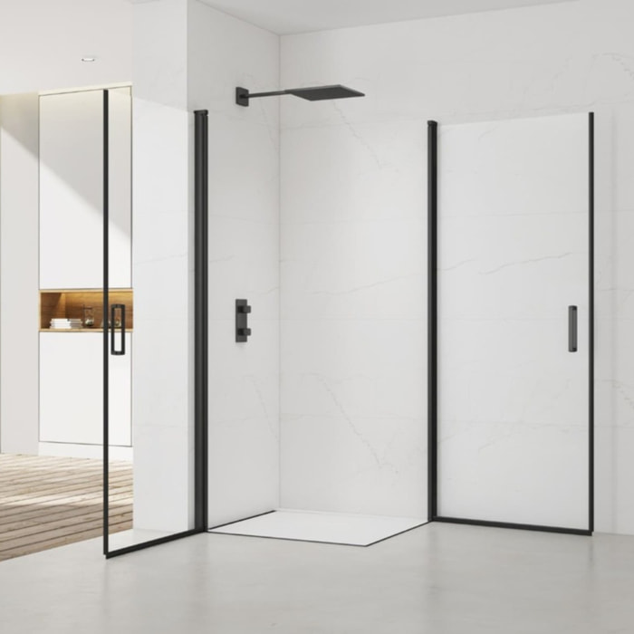 Fusion Portes de douche acces en angle pivotantes 80x80cm anticalcaire avec profilés noir mat (SATFUD8080C-SET)