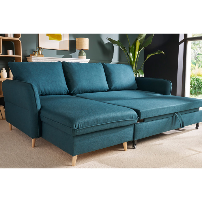 Canapé d'angle convertible réversible avec coffre 3-4 places en tissu bleu océan et bois clair DRISS