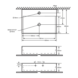 Cube Way 60x42 cm lavabo suspendu en céramique avec trou pour robinetterie au milieu, sans siphon ni mitigeur, blanc (SATCW6042)