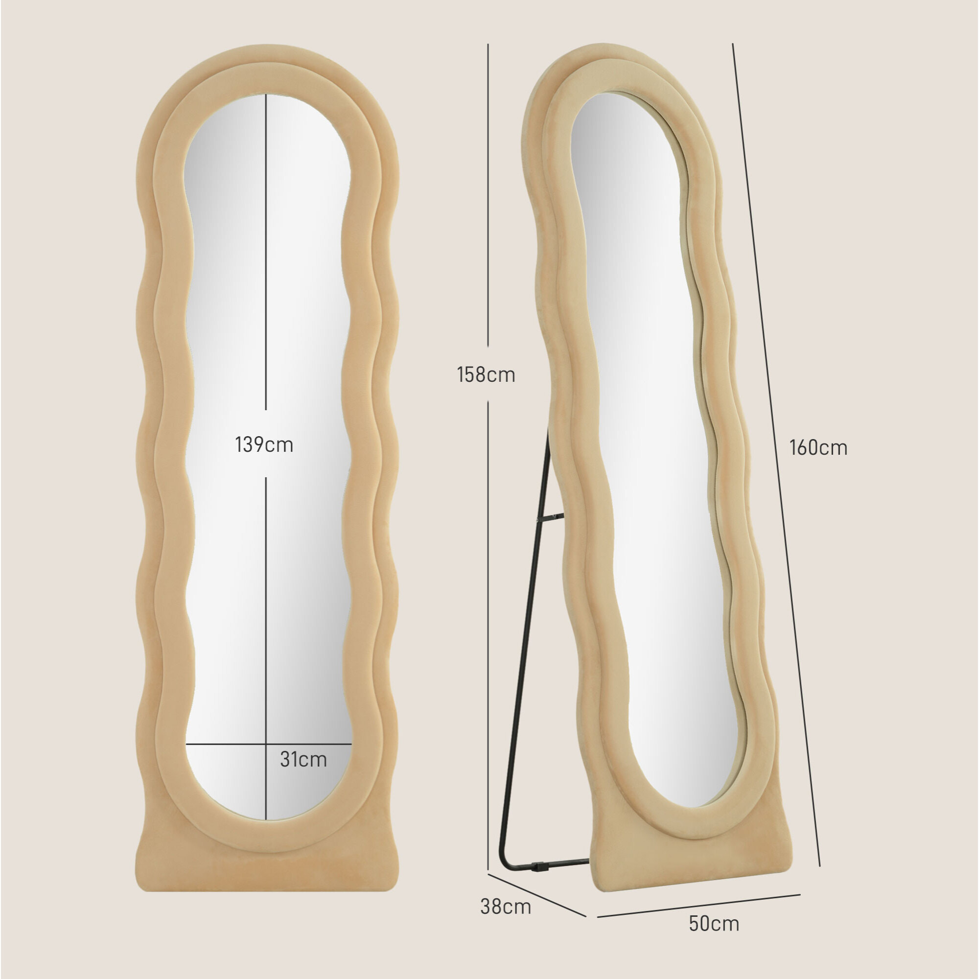 Espejo de Cuerpo Entero 160x50 cm Espejo de Pie o de Pared Diseño Ondulado Marco con Tela de Terciopelo para Salón Dormitorio Beige