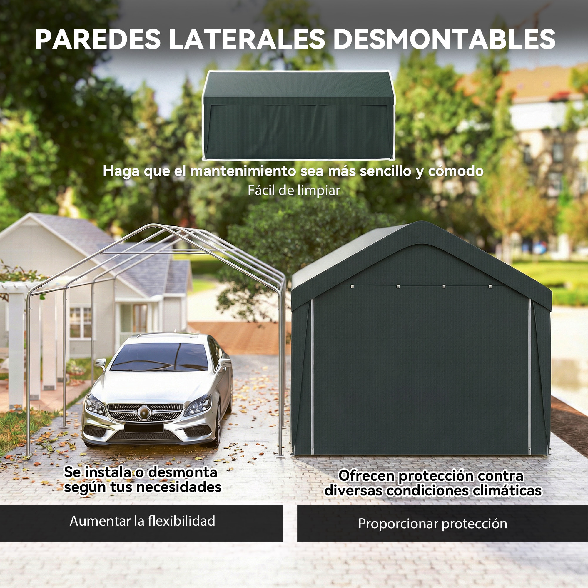 Carpa Garaje Portátil 3x6 m, Garaje Exterior para Coche Impermeable con Paredes Laterales Desmontables, Anti-UV, 2 Puertas Enrollables, Cobertizo para Herramientas de Jardín, Gris Oscuro