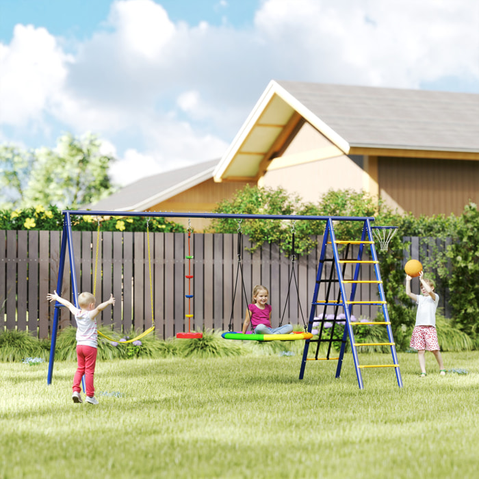 Columpios para Niños de +3 Años 6 en 1 Columpios Jardín Exterior con Columpio Nido Cuerda con Disco Red para Escalar Escalera y Aro de Baloncesto Multicolor