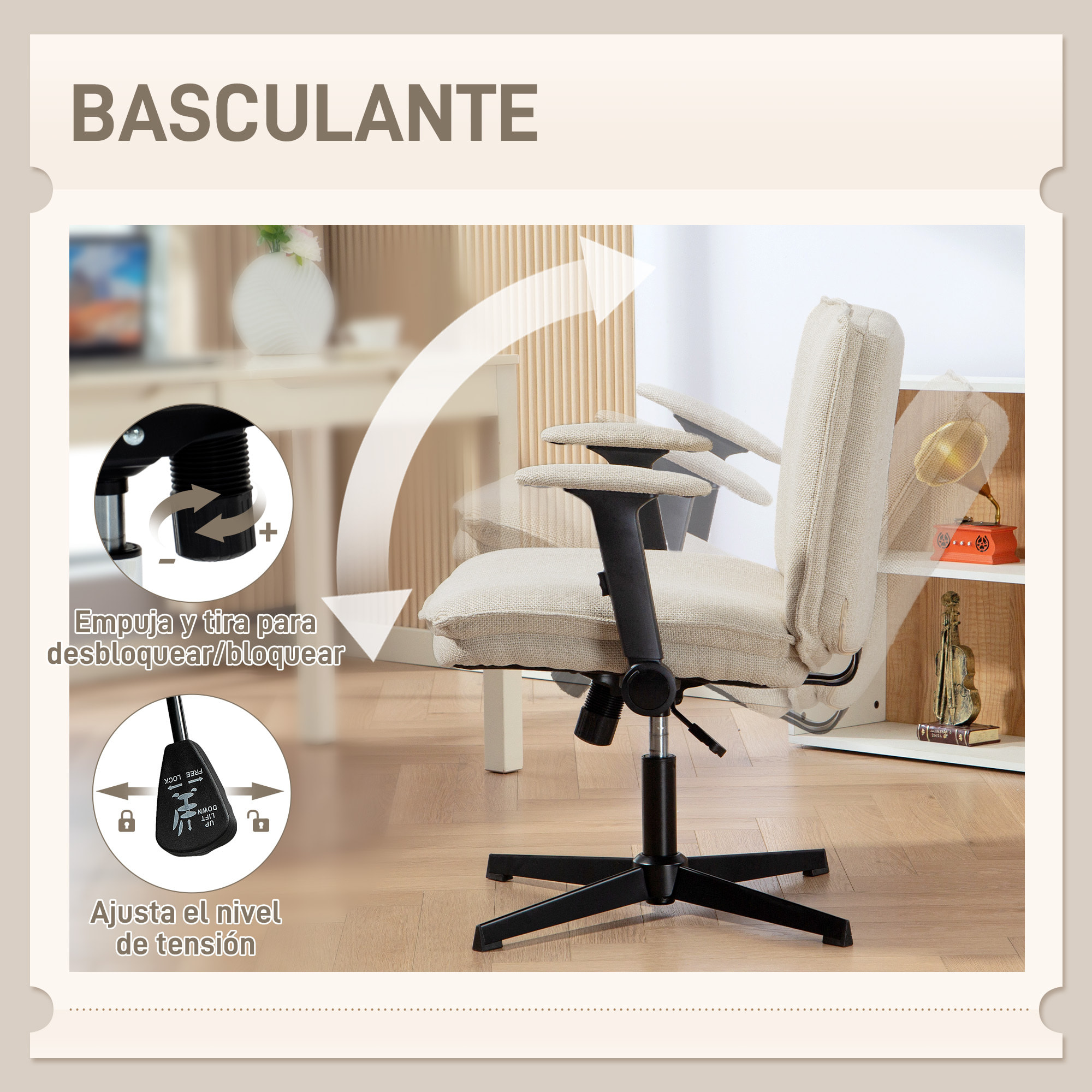 Silla de Oficina Piernas Cruzadas, Silla de Escritorio con Reposabrazos Abatible, Asiento Ancho, sin Ruedas, Altura Ajustable, Giratoria, Función Basculante, Tapizada en Lino, Crema