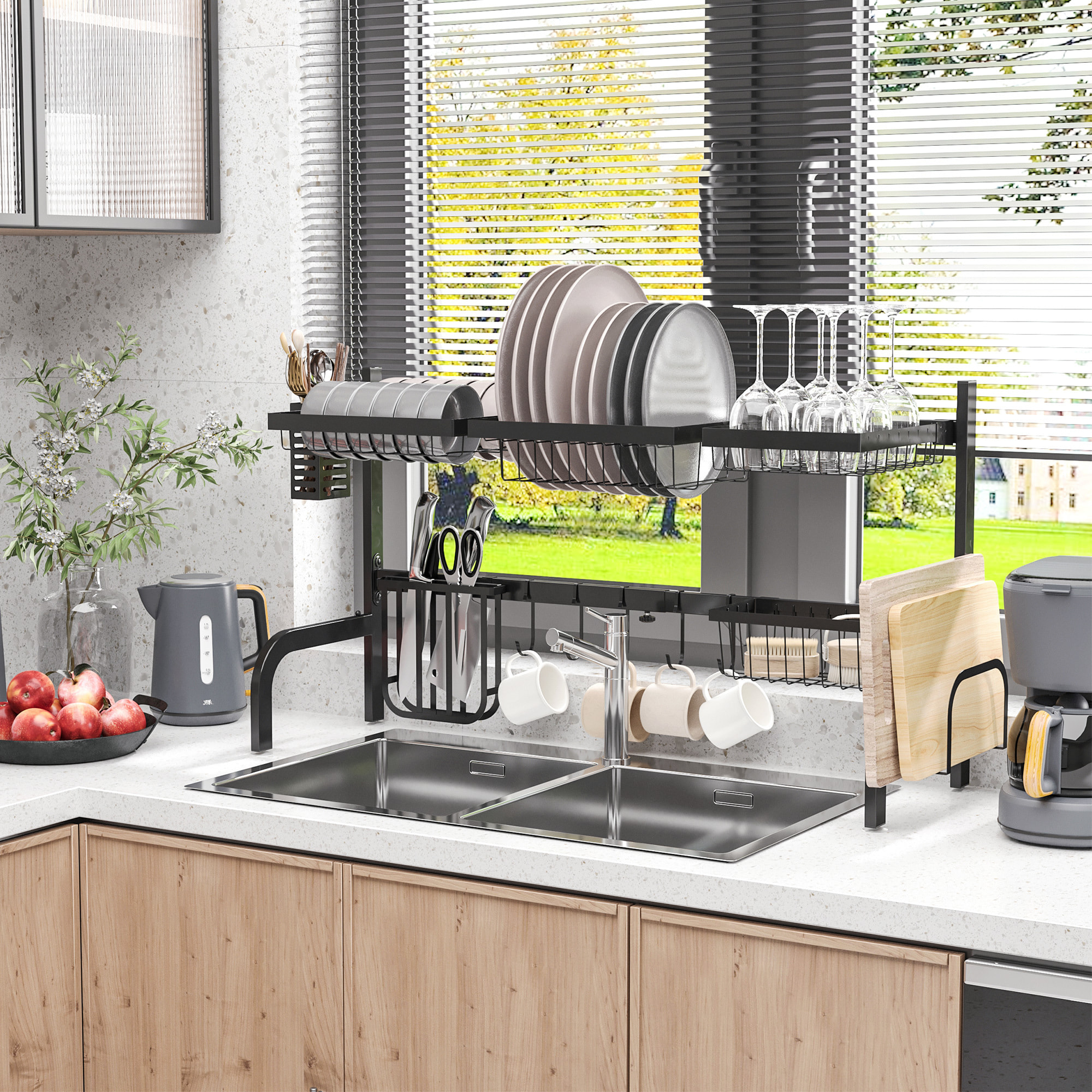 Égouttoir à vaiselle réglable - organiseur d'évier - 8 espaces de séchage - pieds ventouses - acier époxy noir