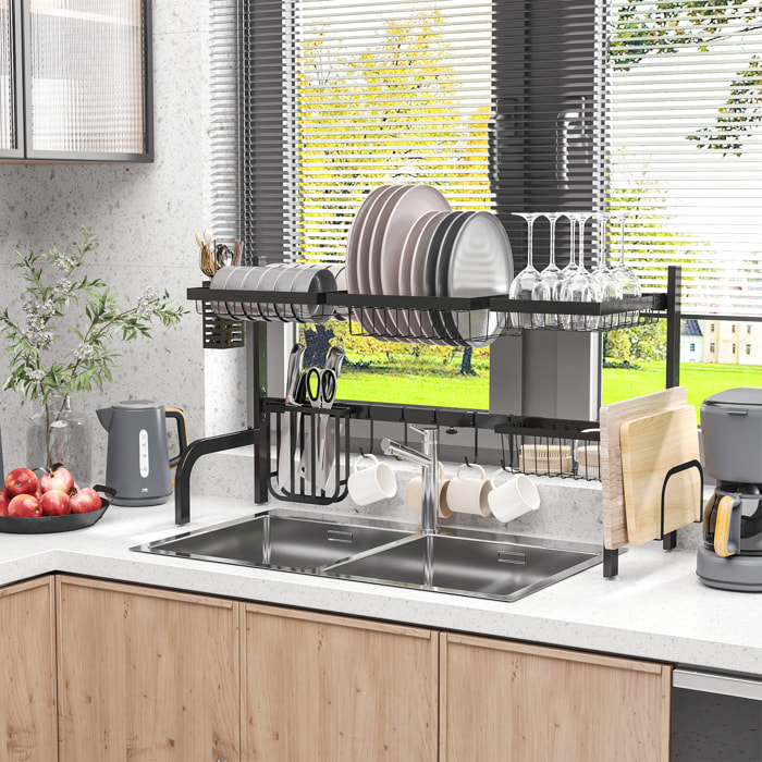 Égouttoir à vaiselle réglable - organiseur d'évier - 8 espaces de séchage - pieds ventouses - acier époxy noir