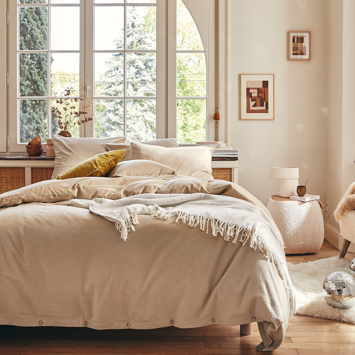 Drap housse uni en flanelle de coton, bonnet de 30cm, FRISSON, Beige Sésame