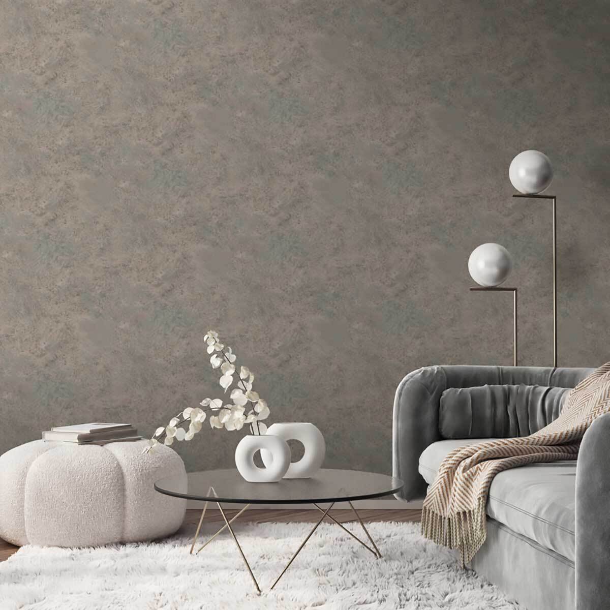 Papier peint effet bronze oxydé cuivre et sauge