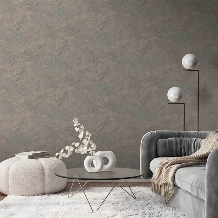 Papier peint effet bronze oxydé cuivre et sauge