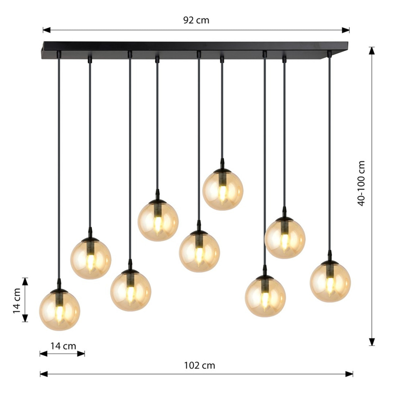 Lampada a sospensione COSMO con nove sfere in vetro ambra e struttura nera