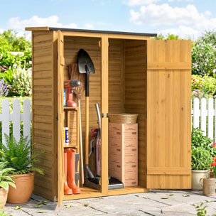 Caseta de Jardín de Madera 115x53x156 cm, Cobertizo Jardín Exterior, Armario Exterior para Herramientas con Puertas Dobles con Pestillo, 2 Estantes y Techo Inclinado, Resistente, Marrón