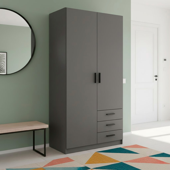 Armadio Con 2 Ante E 3 Cassetti Armadietto Multiuso Con Barra Appendiabiti E 4 Ripiani Di Cui 2 Regolabili Design 98.5x49.8x200.4 Cm Grigio Scuro