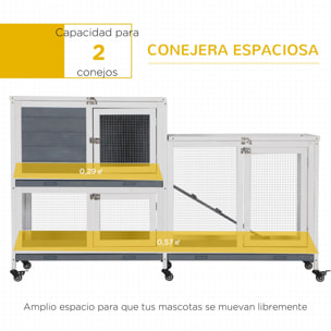 Conejera de Madera con Ruedas 147x45,5x88,5 cm Jaula para Conejos de 2 Niveles con Techo Abrible 2 Corrales de Metal 3 Bandejas Extraíbles 3 Puertas con Pestillo y Rampa Gris