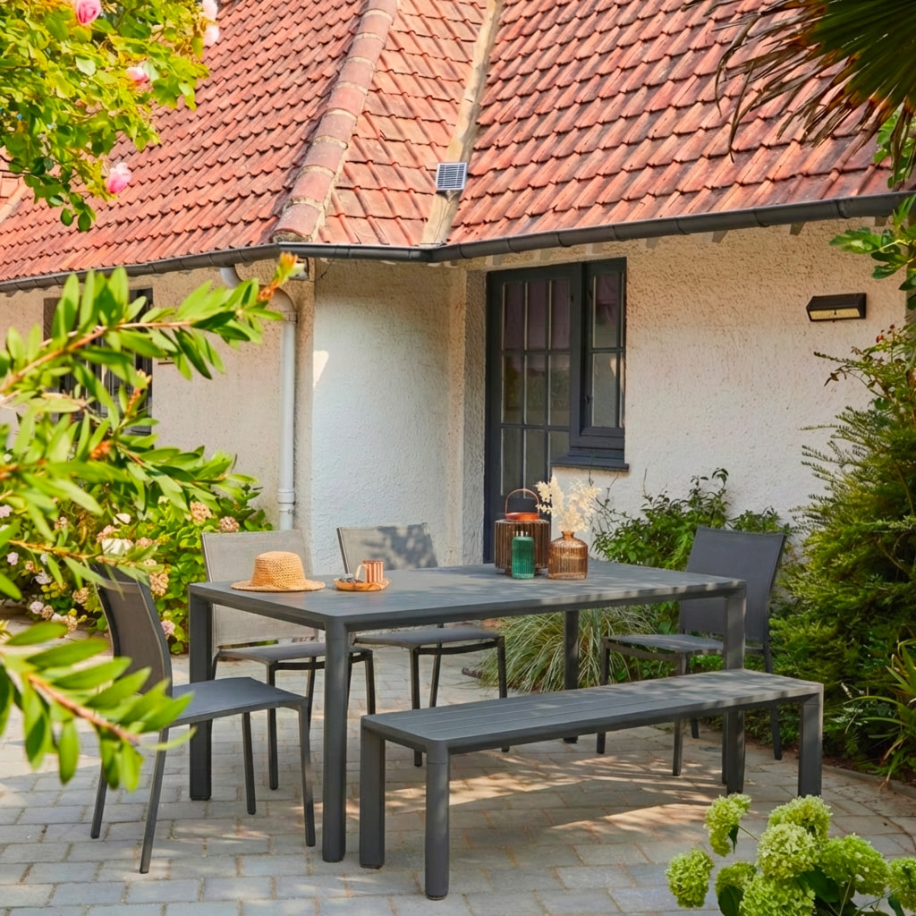 Table de jardin aluminium + 4 assises + 1 banc SACRAMENTO + MADISON + BUFFALO