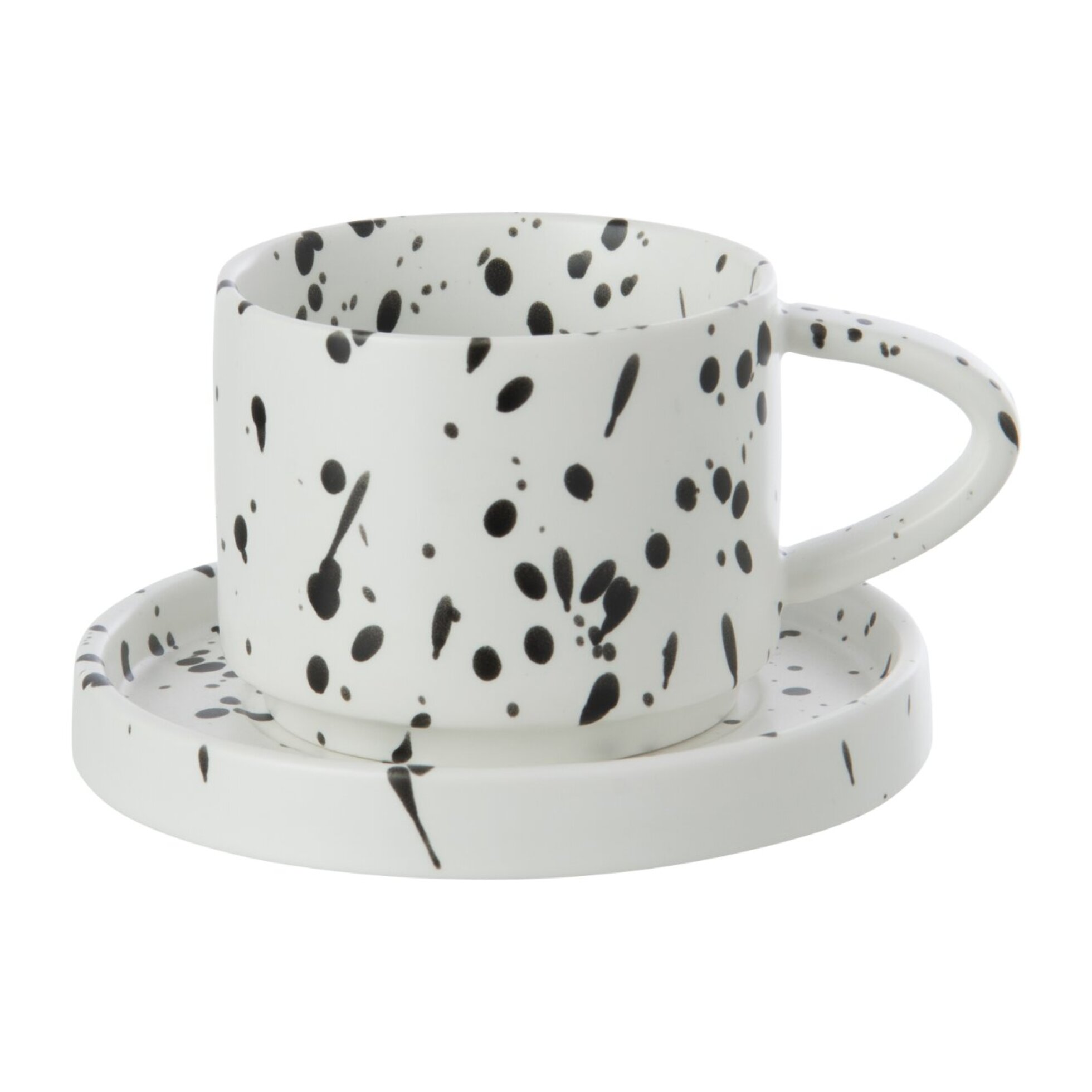 J-Line Tasse et sous-tasse pois - grès - blanc/noir - 4 pcs