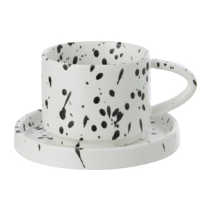 J-Line Tasse et sous-tasse pois - grès - blanc/noir - 4 pcs