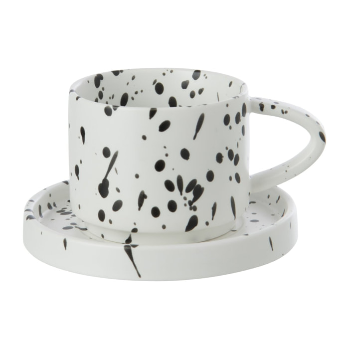 J-Line Tasse et sous-tasse pois - grès - blanc/noir - 4 pcs