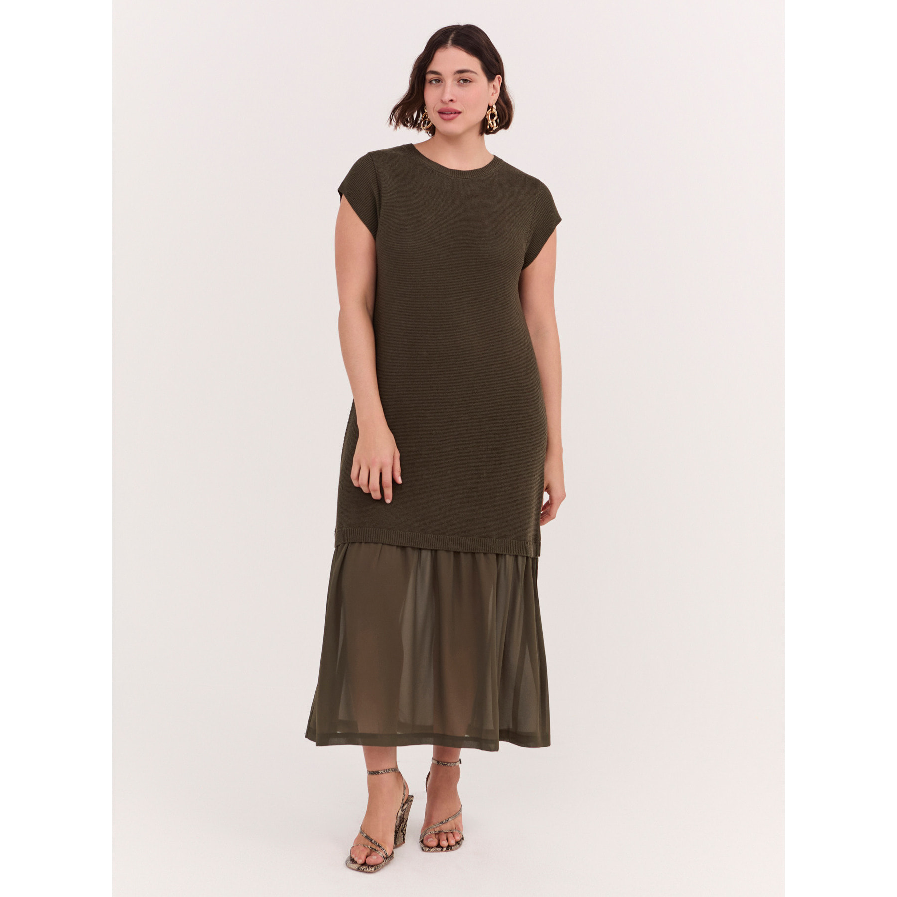 Fiorella Rubino - Vestido largo de punto con volante - Verde militare