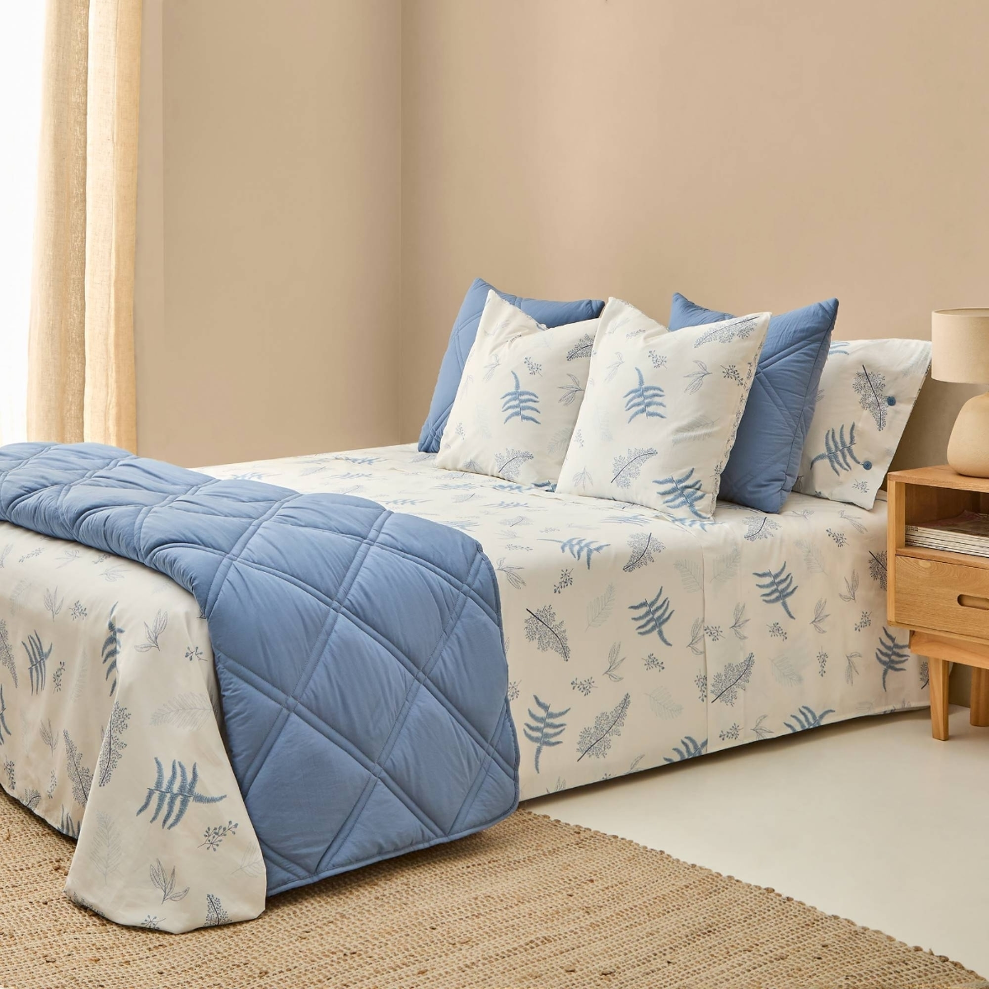 Funda nórdica algodón hojas Lari color azul 100% Algodón percal