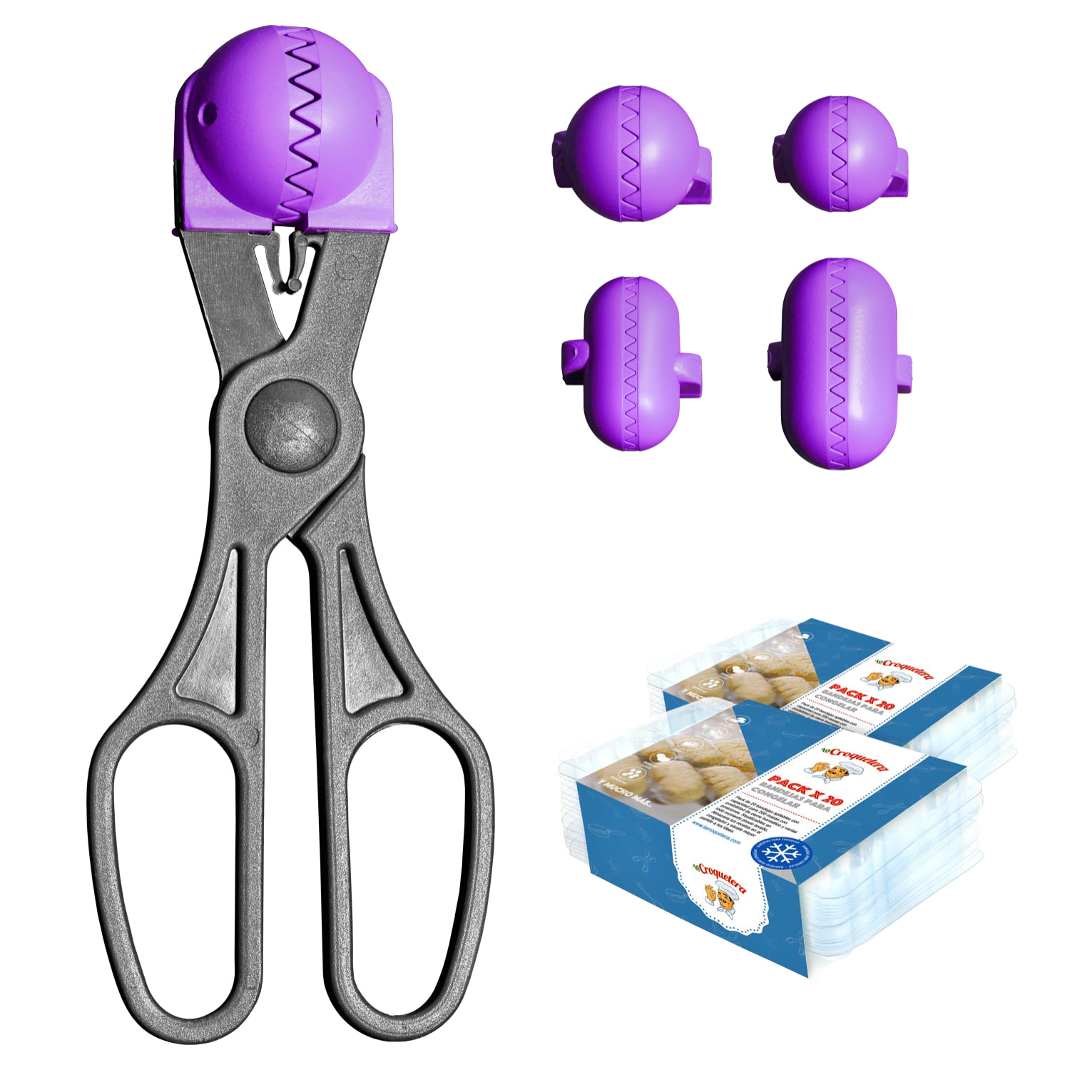 Pack utensilio multiusos con 4 moldes intercambiables color morado + 40 bandejas de conservación - La croquetera: patentado y fabricado en España
