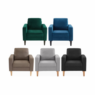 Fauteuil scandinave en velours vert anglais - Bjorn - Canapé 1 place fixe droit pieds bois d'hévéa effet bois de noyer