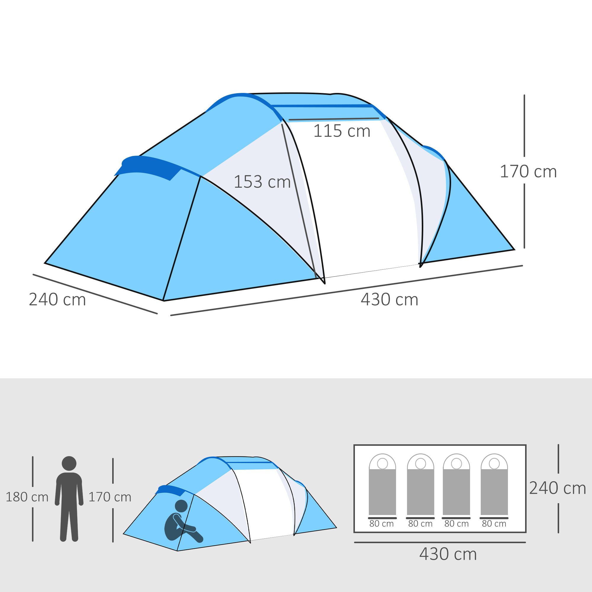Tente de camping familiale 4-6 personnes 2 cabines fenêtre grande porte 4,3L x 2,4l x 1,7H m bleu blanc