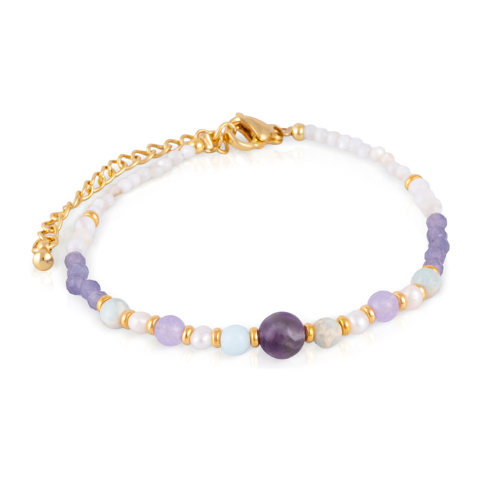 Pulsera de amatista, piedras Shoushan, conchas blancas y perlas naturales con cierre de mosquetón.