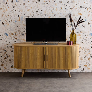 Meuble TV scandinave 2 portes coulissantes. 4 compartiments. effet bois rainuré naturel. L120 x 40 x 57 cm