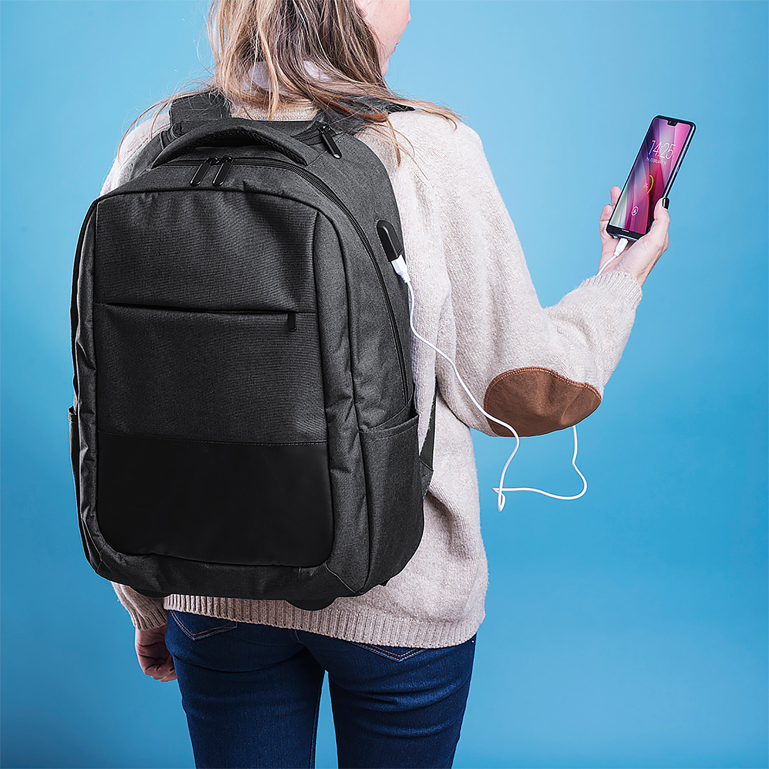 Connessione USB per zaino trolley. Tasca imbottita per laptop. Nastri imbottiti
