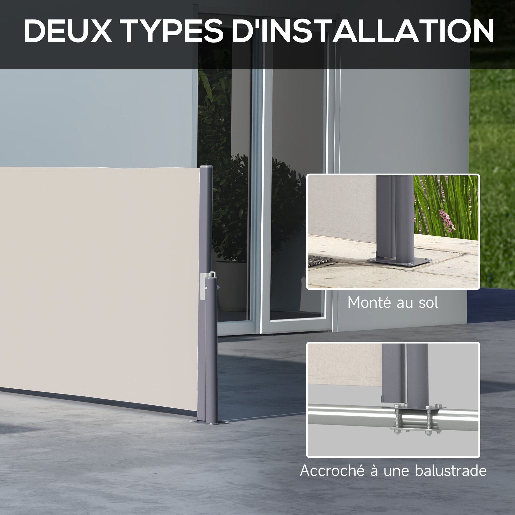 Store latéral brise-vue paravent rétractable dim. 3L x 1H m gris clair