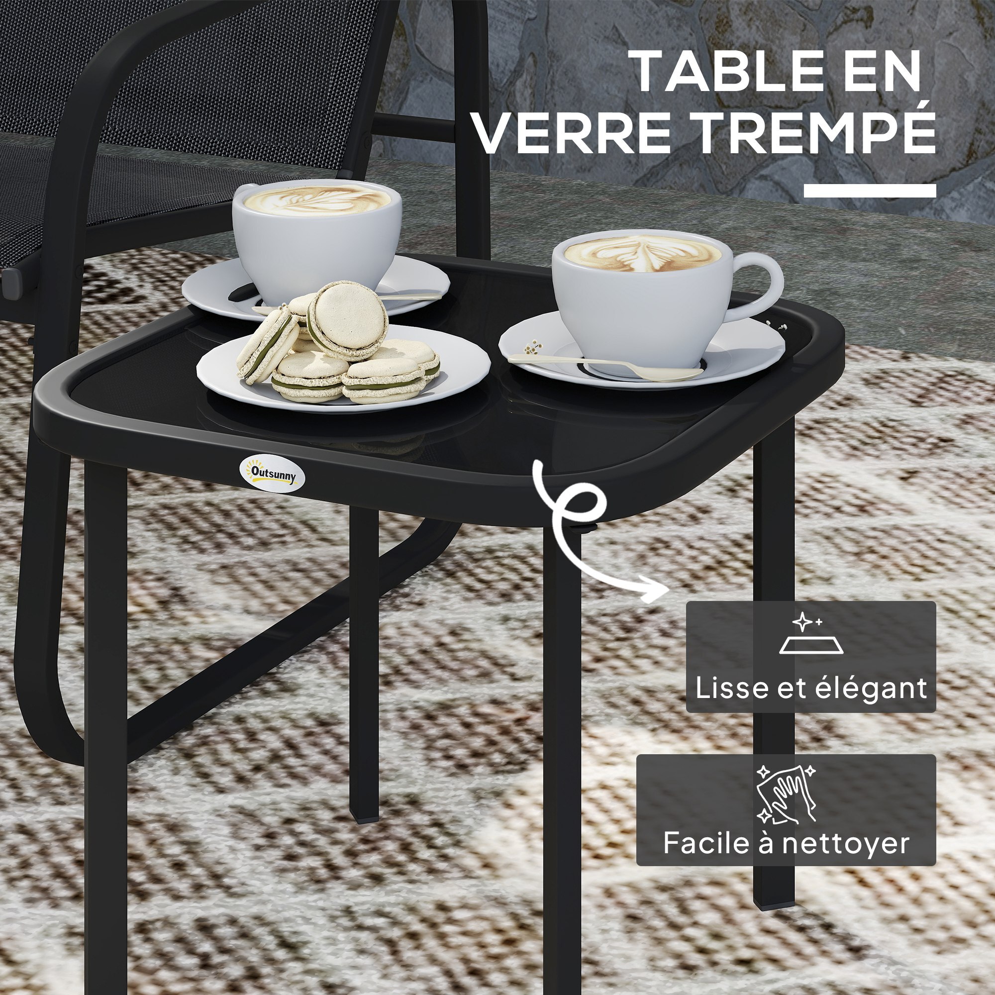 Ensemble bistrot de jardin relax 2 personnes 3 pièces plateau verre trempé acier textilène noir