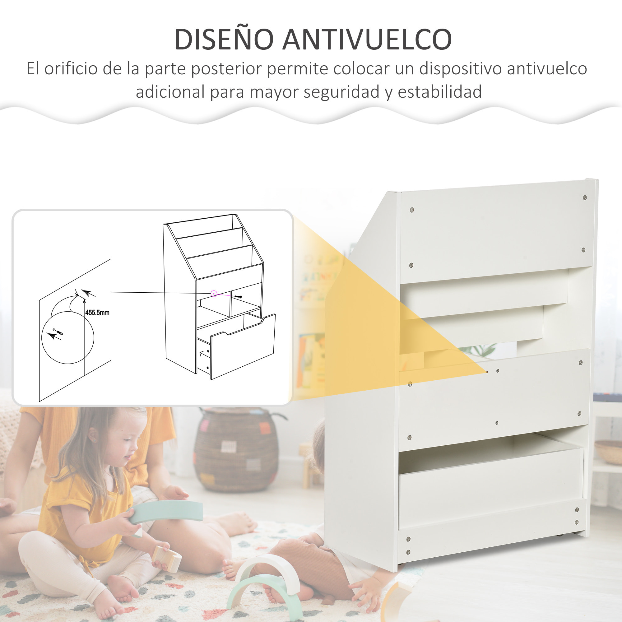 Estantería Infantil de Madera con 3 Compartimentos 2 Cubos y Cajón Móvil con 4 Ruedas Librería Infantil para Habitación de Niños Sala de Juegos 60x29,9x90 cm Blanco