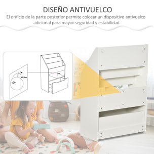 Estantería Infantil de Madera con 3 Compartimentos 2 Cubos y Cajón Móvil con 4 Ruedas Librería Infantil para Habitación de Niños Sala de Juegos 60x29,9x90 cm Blanco