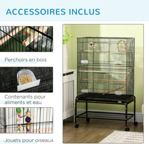 Cage à oiseaux sur roulettes - étagère, plateau déjection, 3 perchoirs, 4 mangeoirs, 2 portes, 8 trappes, accessoires - acier noir