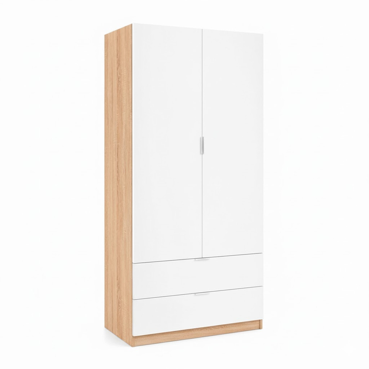 Armadio Guardaroba Con 2 Ante Battenti Asta Appendiabiti E 2 Cassetti Design Moderno Stile Nordico 80 x 52 x 180 Cm Bianco e Rovere