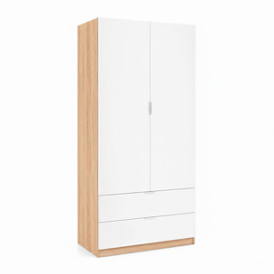 Armadio Guardaroba Con 2 Ante Battenti Asta Appendiabiti E 2 Cassetti Design Moderno Stile Nordico 80 x 52 x 180 Cm Bianco e Rovere
