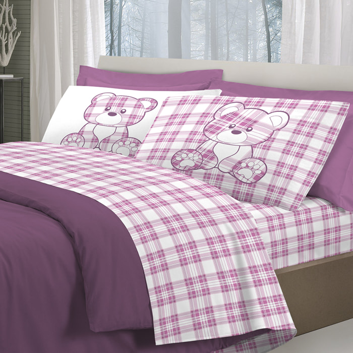 Completo letto tartan orsetto rosa 100% cotone