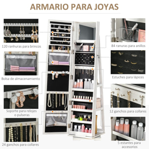 Espejo Joyero de Pie Armario de Joyería Giratorio 360° Organizador de Joyas con Cerradura y Espejo Pequeño Incorporado Carga 20 kg 38x38x160 cm Blanco