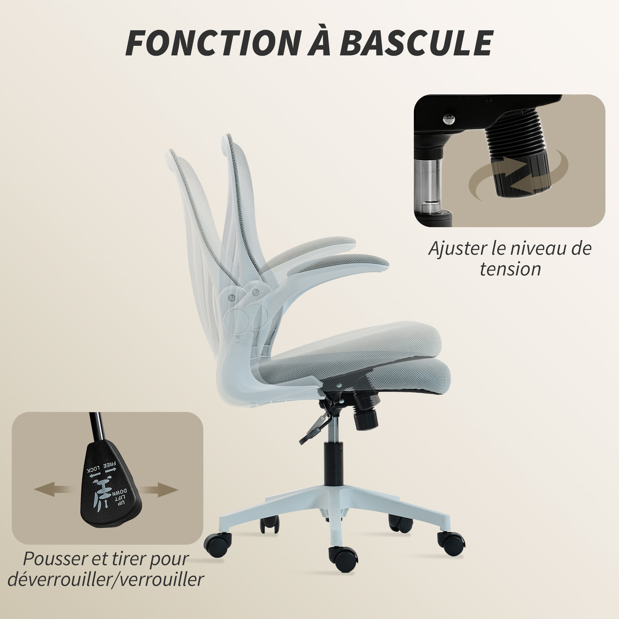 Chaise de bureau ergonomique accoudoirs relevables dossier rabattable gris clair