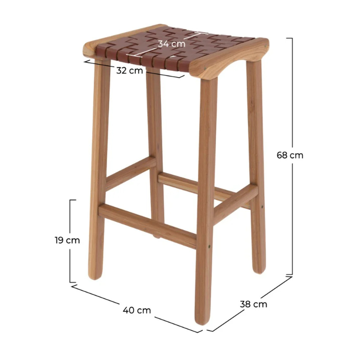 Tabouret pour îlot central 68 cm en teck et cuir tressé marron - Kuna