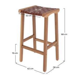 Tabouret pour îlot central 68 cm en teck et cuir tressé marron - Kuna