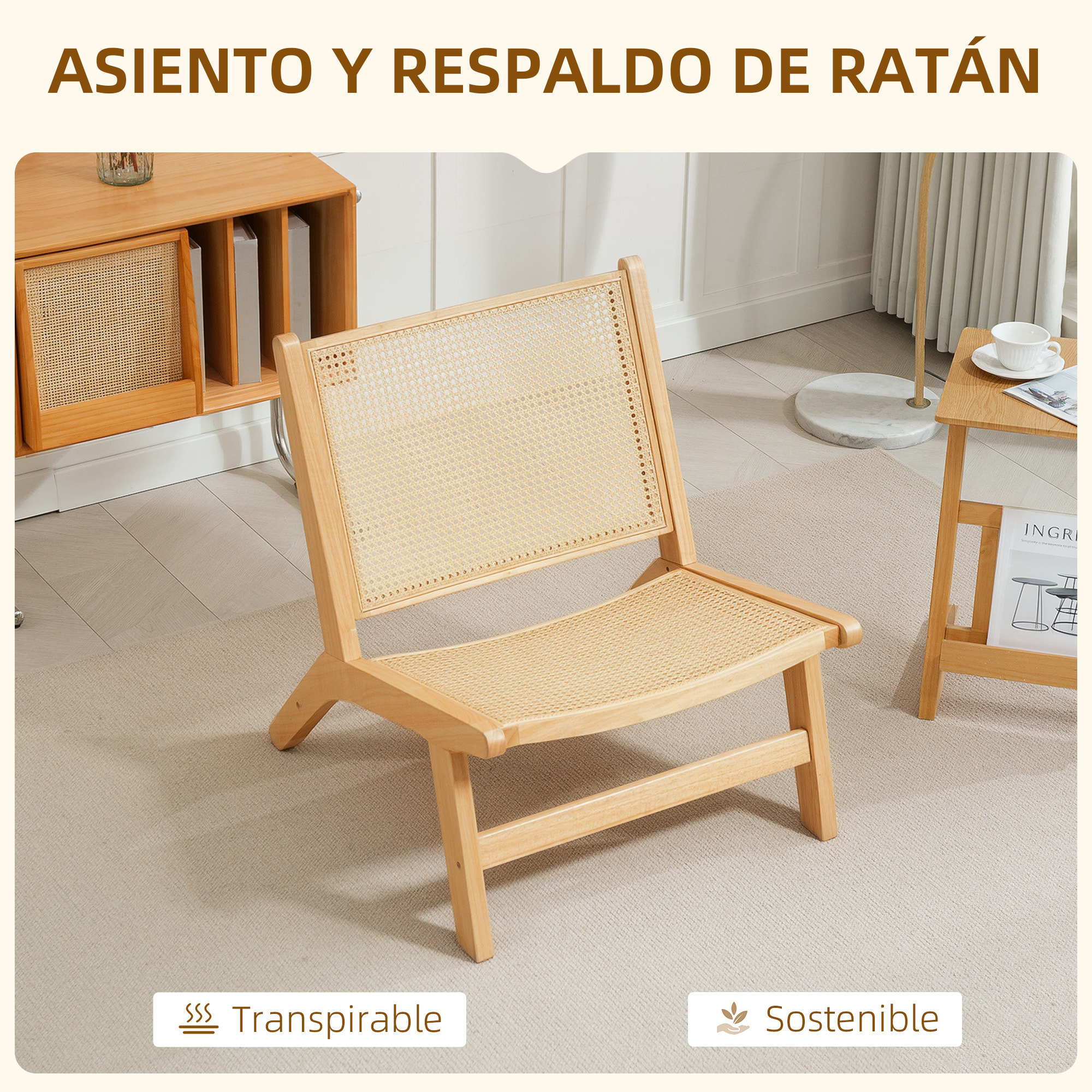 Sillón de Salón Nórdico Butaca de Salón con Respaldo y Asiento Amplio de Ratán Marco de Madera Butaca para Dormitorio Sala de Estar Natural