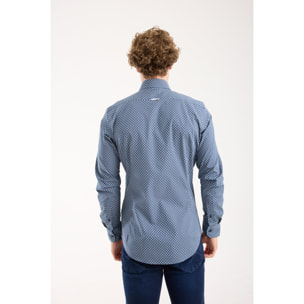 Camicia Uomo 2 Bottoni Button Down Doppio Coll Popeline Stretch Stampato Blu\Bianco
