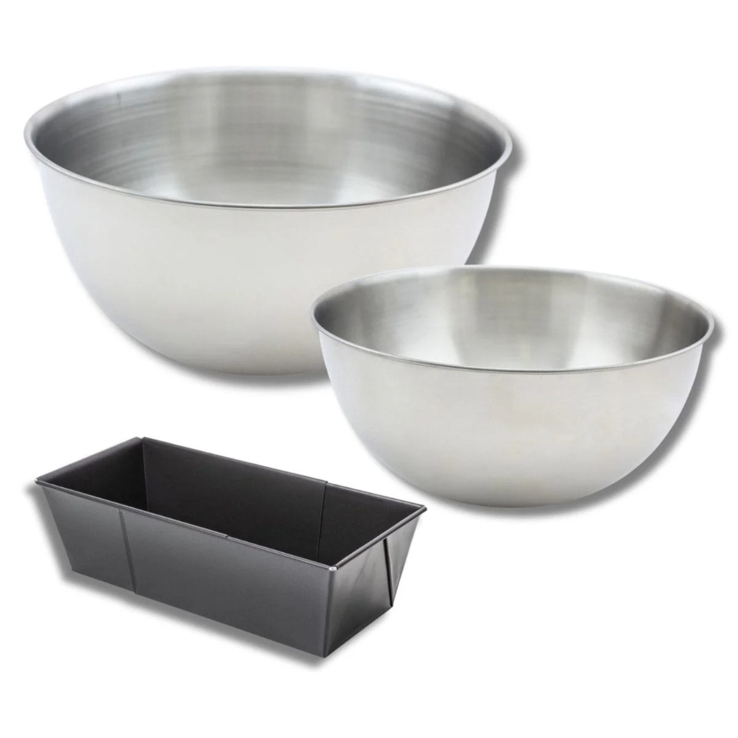 Lot avec 1 moule à cake de 20 à 35 cm, 1 spatule Zenker et 2 bols à mixer en inox Fackelmann