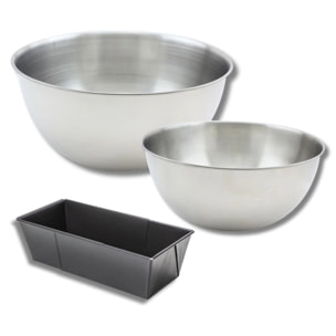 Lot avec 1 moule à cake de 20 à 35 cm, 1 spatule Zenker et 2 bols à mixer en inox Fackelmann